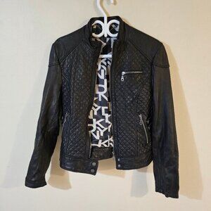 DKNY Women's Leather Motorcycle Jacket with Logo Lining - Size M